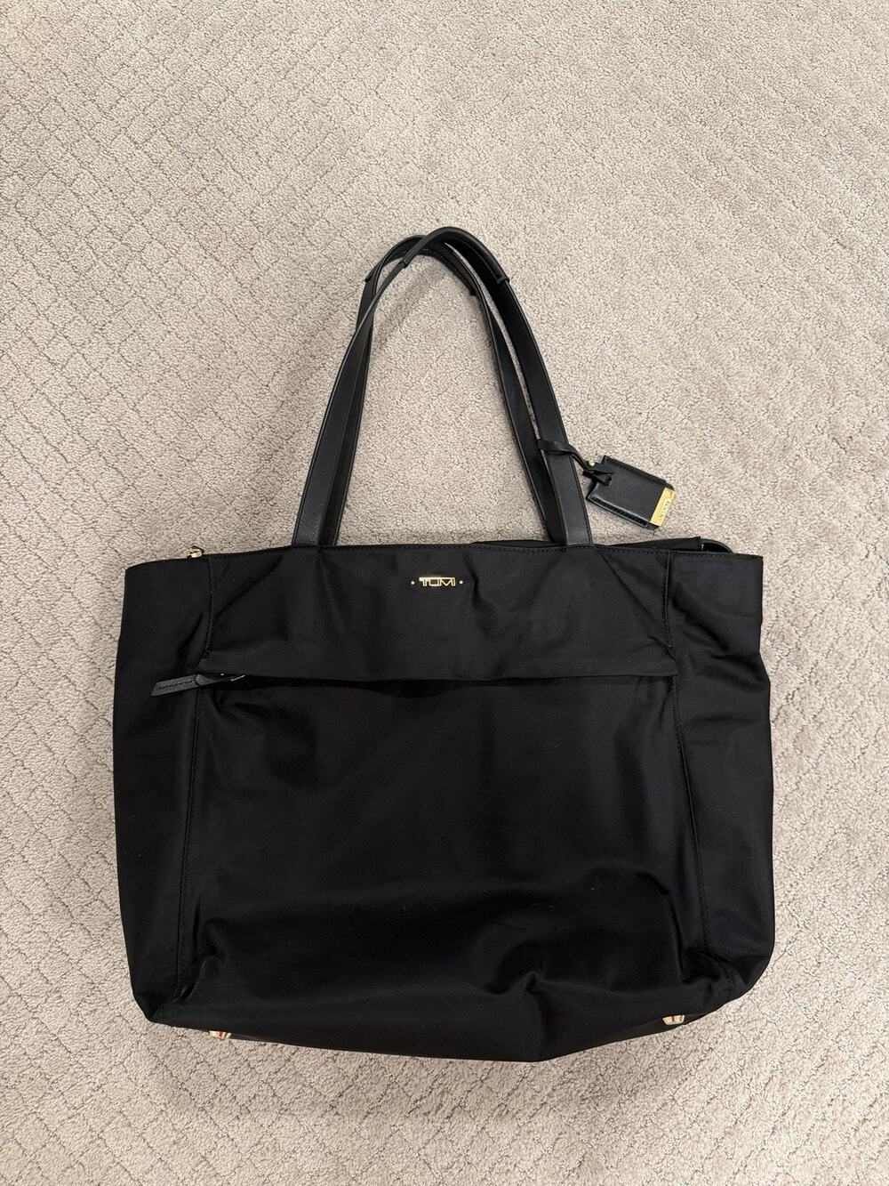 TUMI Black Nylon Tote Laptop Travel Shoulder Bag Gold Hardware Leather Handles